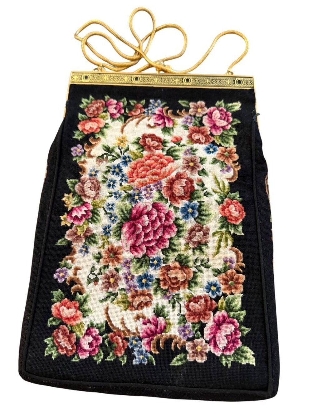 Vintage Womens Tapestry Needlepoint Clutch Purse Gold Tone Floral Cottage core
